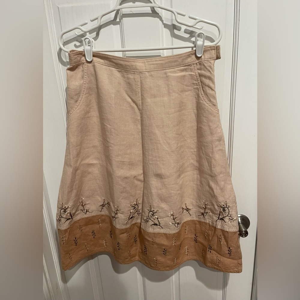 J. Jill Beige A-Line 100% Linen Skirt with Floral Embroidery 8
